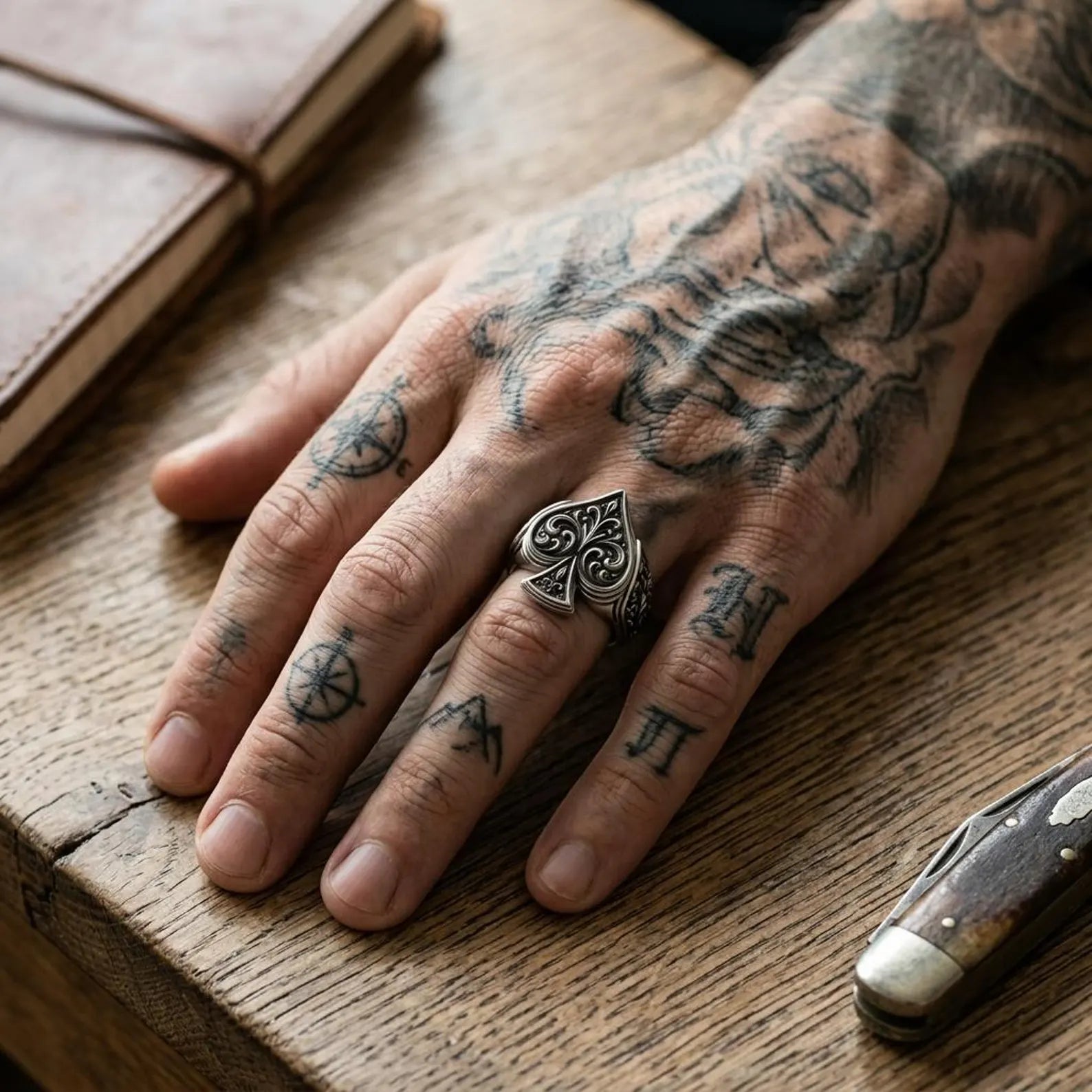 Artisan-crafted 925 sterling silver Gothic ring with a sculpted Ace of Spades emblem, decorative medieval engravings, oxidized detailing, and a classic signet profile that symbolizes confidence, luck, strength, and individuality.