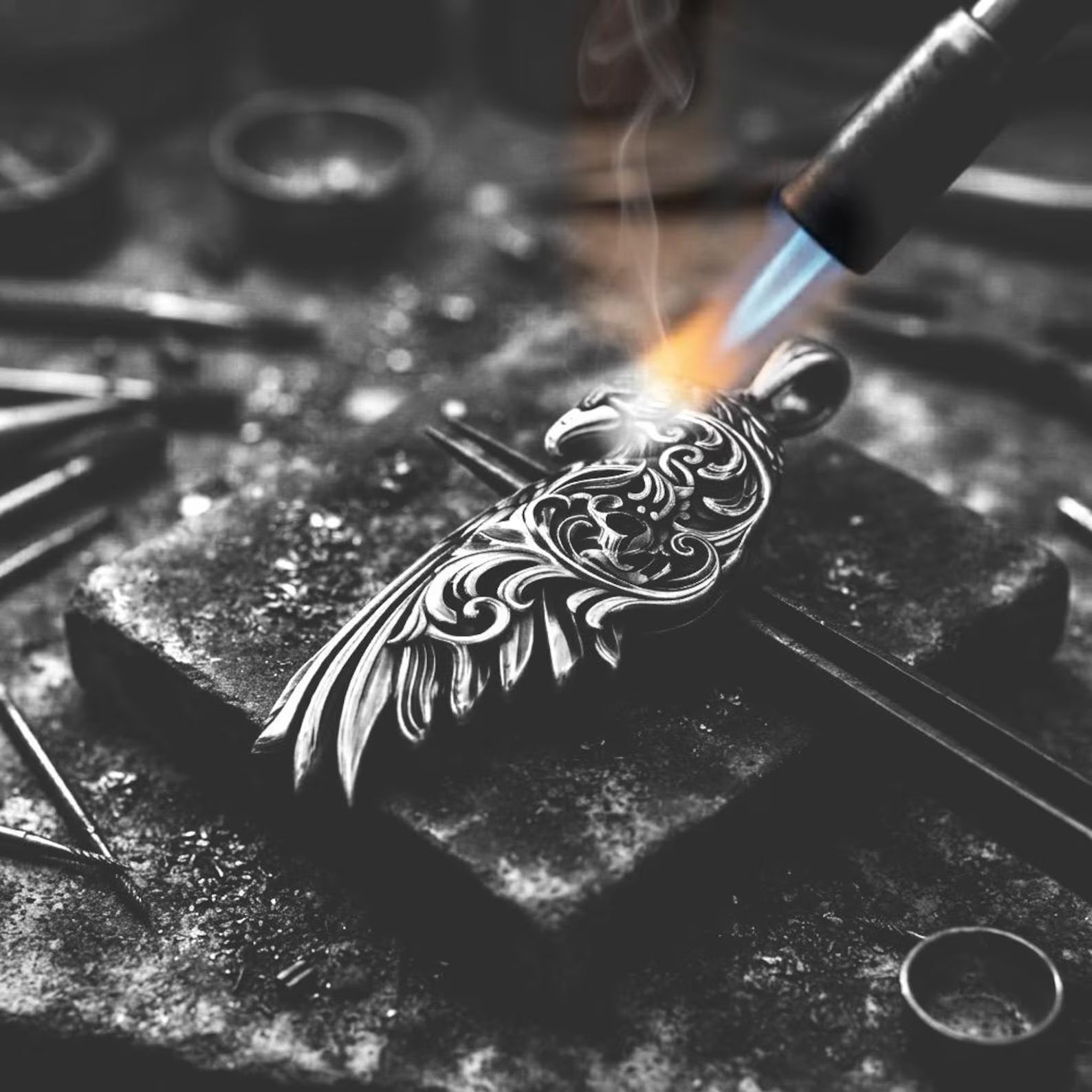 Vintage-inspired sterling silver Raven Wing necklace with intricate handcrafted feather details, ornamental Baroque engravings, oxidized artisan finish, and symbolic mythological design that celebrates Odin, wisdom, and legendary Scandinavian traditions.