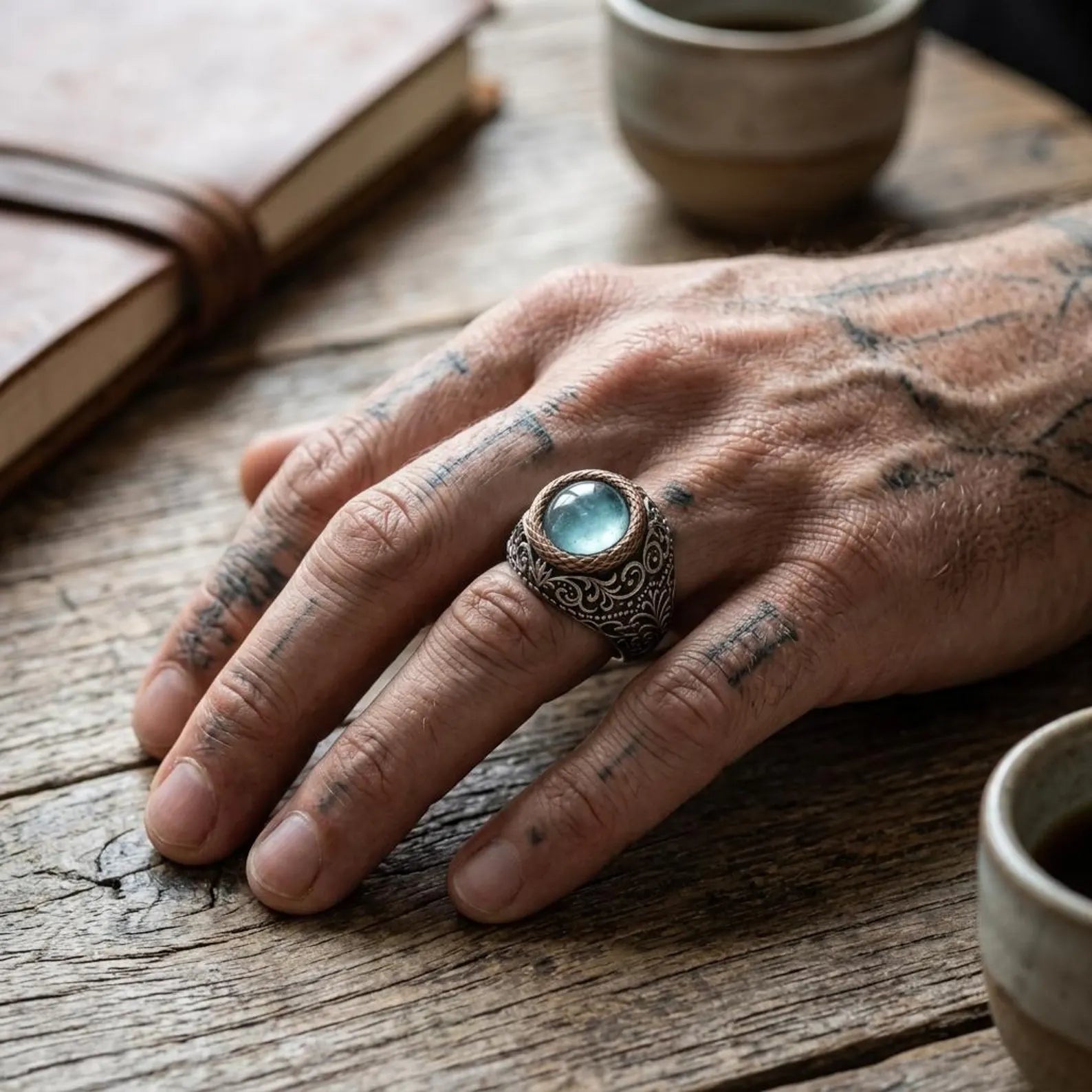Handmade men's aquamarine gemstone ring crafted from solid 925 sterling silver with vintage Victorian detailing and timeless masculine elegance.