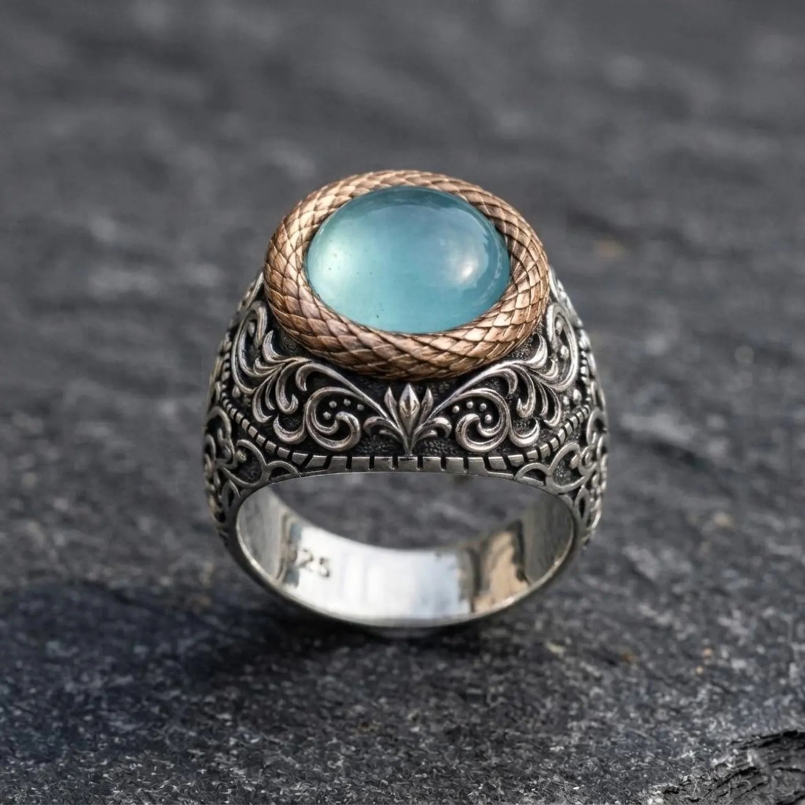 Classic men's sterling silver signet ring with natural round aquamarine cabochon, handcrafted Victorian jewelry perfect for everyday wear or gifting.