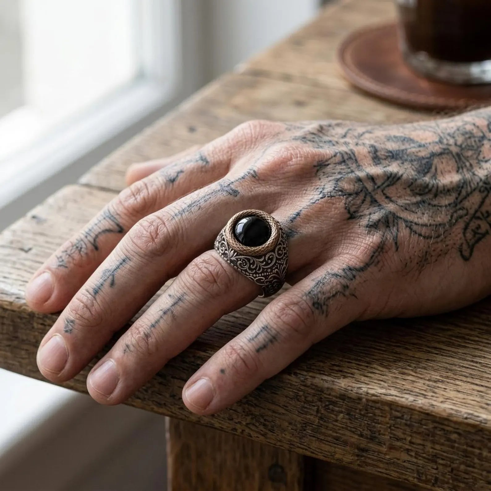 Handmade men's black onyx gemstone ring crafted from solid 925 sterling silver with vintage Victorian detailing and timeless masculine elegance.