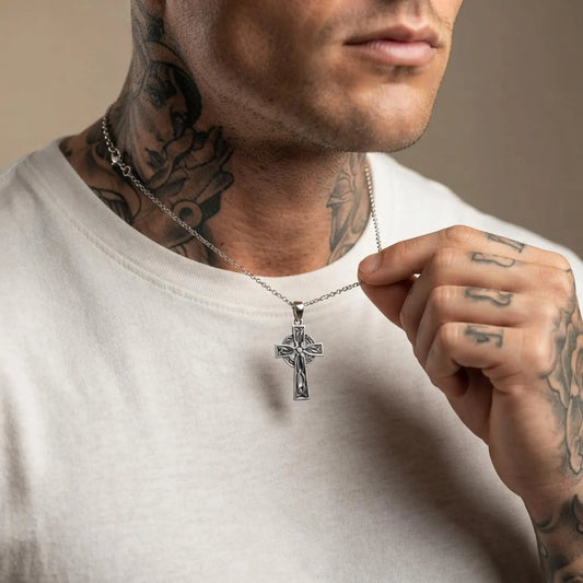 Religious Celtic Cross Pendant Necklace with detailed Celtic engraving, handcrafted sterling silver craftsmanship, and a meaningful Christian design for men and women.