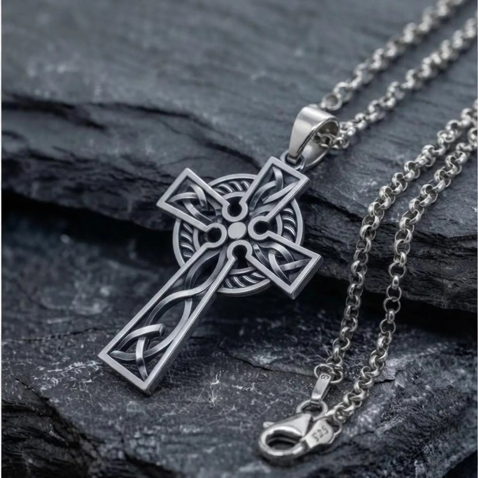 Handmade Christian Celtic Cross Necklace crafted from solid 925 sterling silver with traditional Celtic knotwork and a timeless symbol of faith, hope, and devotion.