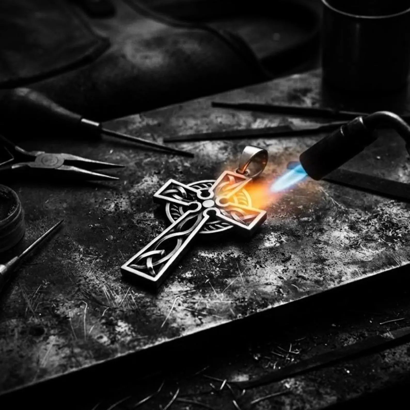 Elegant sterling silver religious pendant necklace featuring a handcrafted Celtic Cross, traditional Christian symbolism, and intricate Celtic knot engravings.