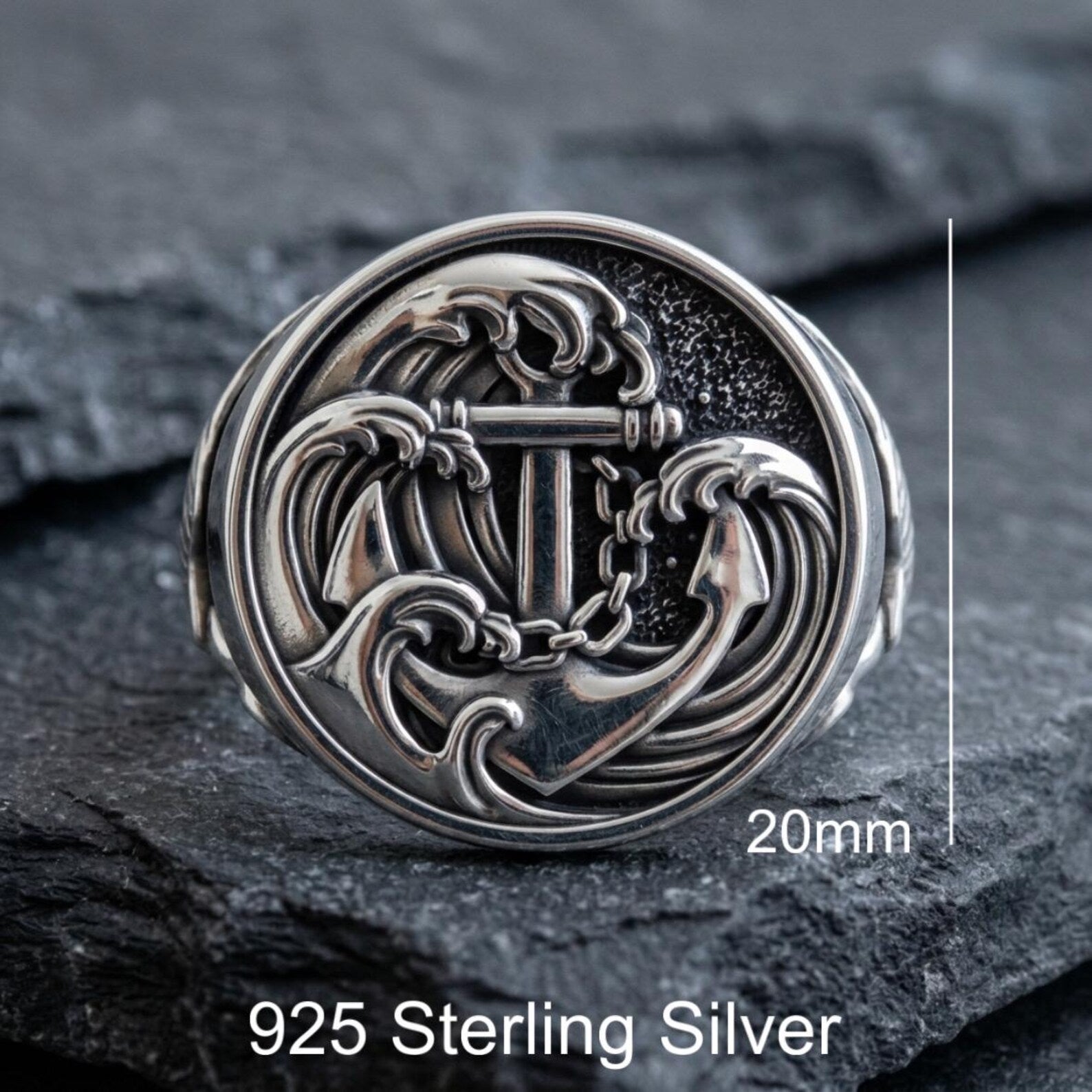 Handcrafted maritime anchor ring made from solid 925 sterling silver with an intricate swallow design symbolizing hope, freedom, loyalty, and safe journeys.