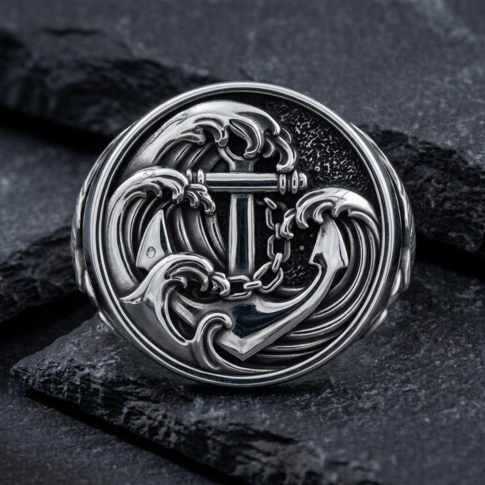 Nautical statement ring featuring a handcrafted anchor and swallow design, premium sterling silver construction, and timeless jewelry inspired by life at sea.