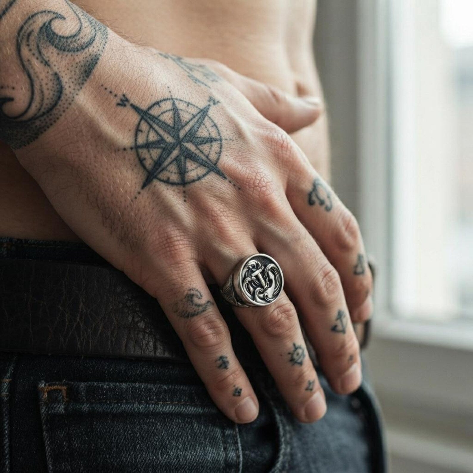 Sterling silver sailor ring with classic anchor and swallow symbols, handcrafted for ocean lovers who appreciate traditional nautical jewelry and timeless craftsmanship.