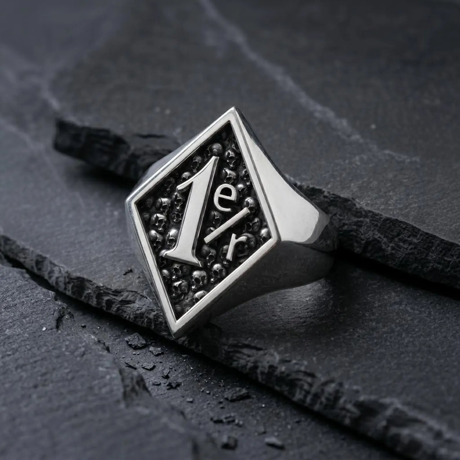 Handmade Gothic biker skull ring crafted from solid 925 sterling silver with bold motorcycle inspired styling and timeless masculine statement design.