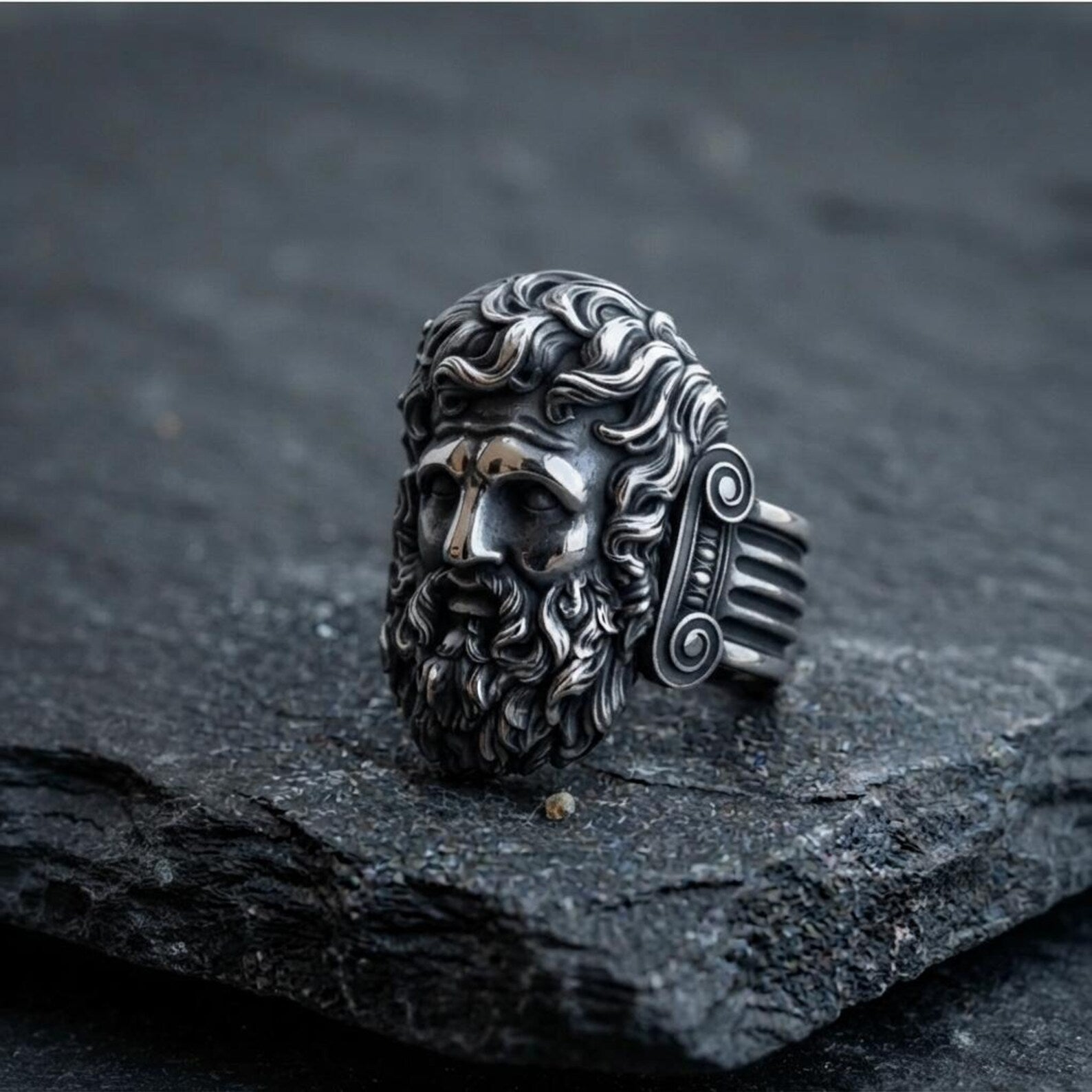 Solid 925 sterling silver Zeus portrait ring featuring deep relief craftsmanship, inspired by Greek mythology and designed as a powerful statement piece for everyday wear.