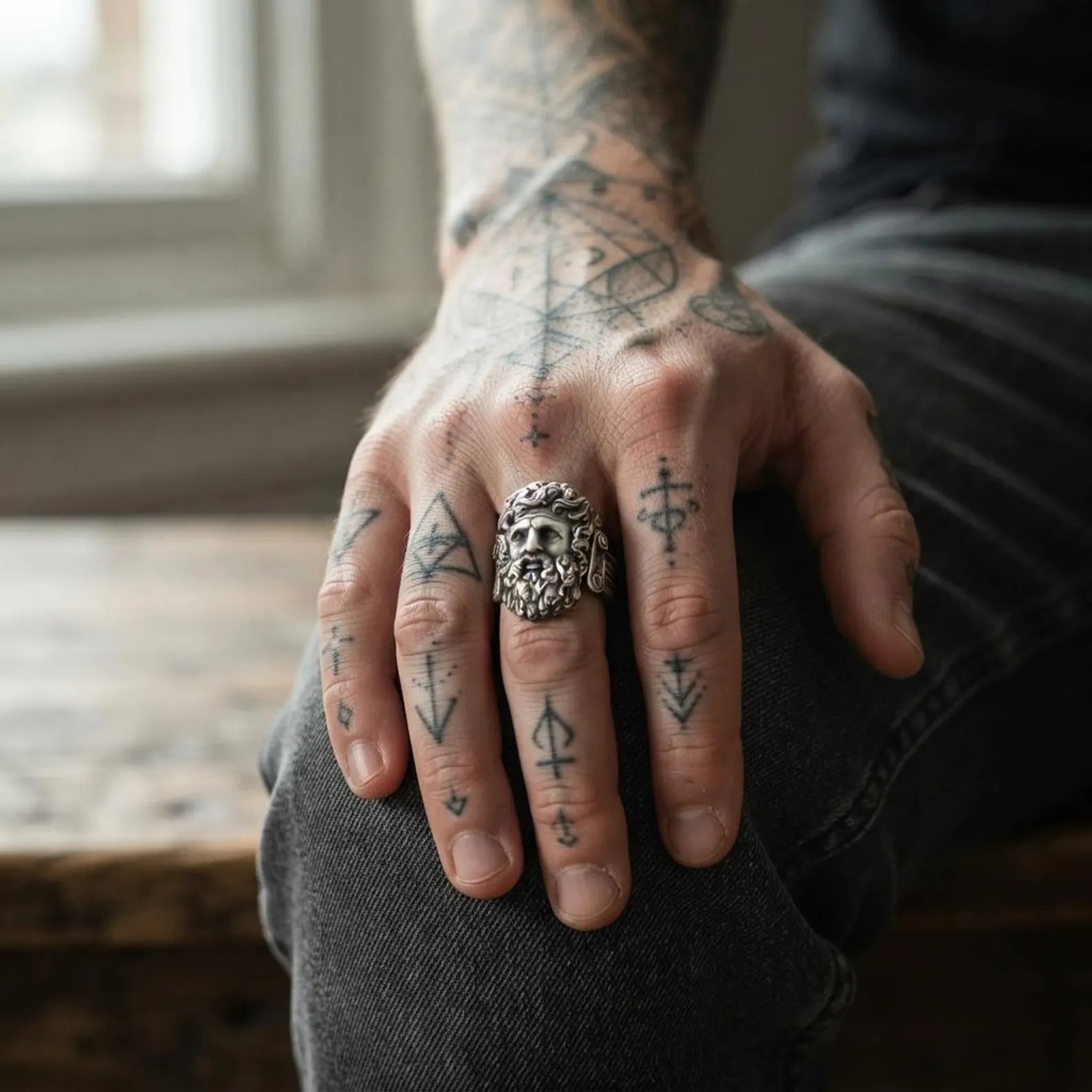 Premium sterling silver Greek mythology signet ring with a detailed Zeus relief, handcrafted to symbolize power, wisdom, leadership, and the enduring legacy of Mount Olympus.