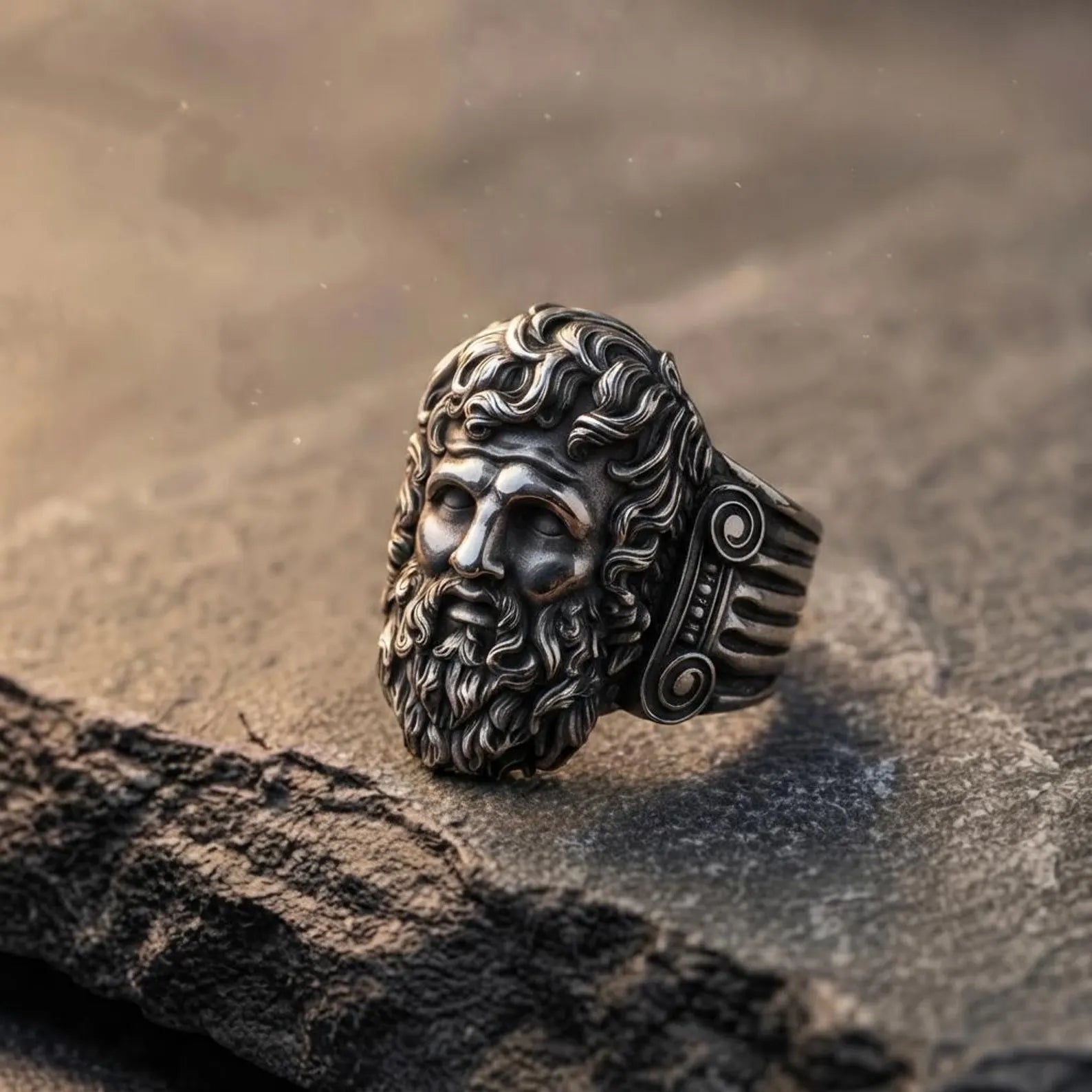 Handcrafted chunky Zeus signet ring for men crafted from solid 925 sterling silver, featuring a detailed portrait of the Greek god Zeus with an oxidized antique finish and bold masculine design.