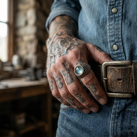 Men's Victorian style sterling silver ring with genuine round aquamarine gemstone, handcrafted signet jewelry inspired by antique Victorian craftsmanship.