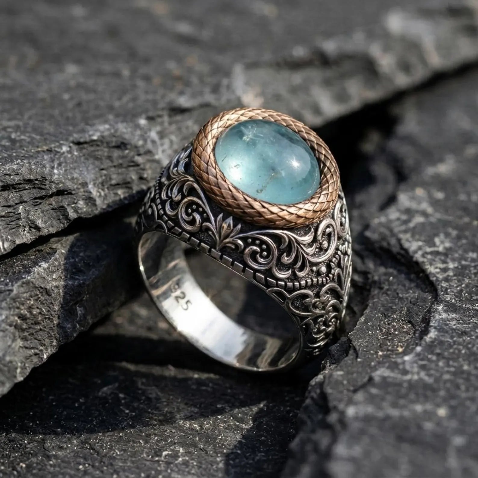 Handcrafted Victorian sterling silver aquamarine signet ring for men featuring a natural round aquamarine cabochon gemstone with intricate vintage engraved details.