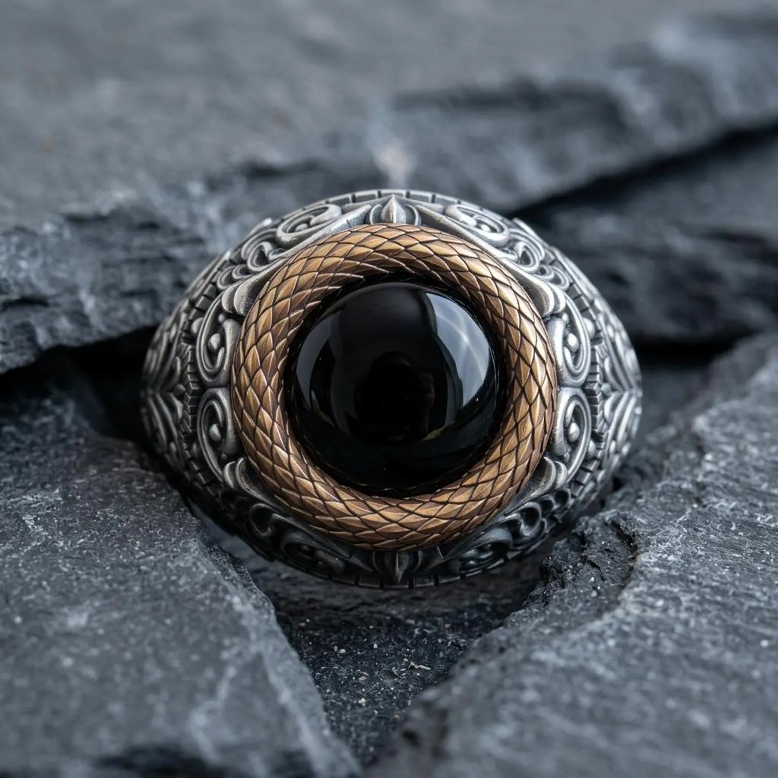 Classic men's sterling silver signet ring with genuine round black onyx cabochon, handcrafted Victorian jewelry perfect for everyday wear or gifting.