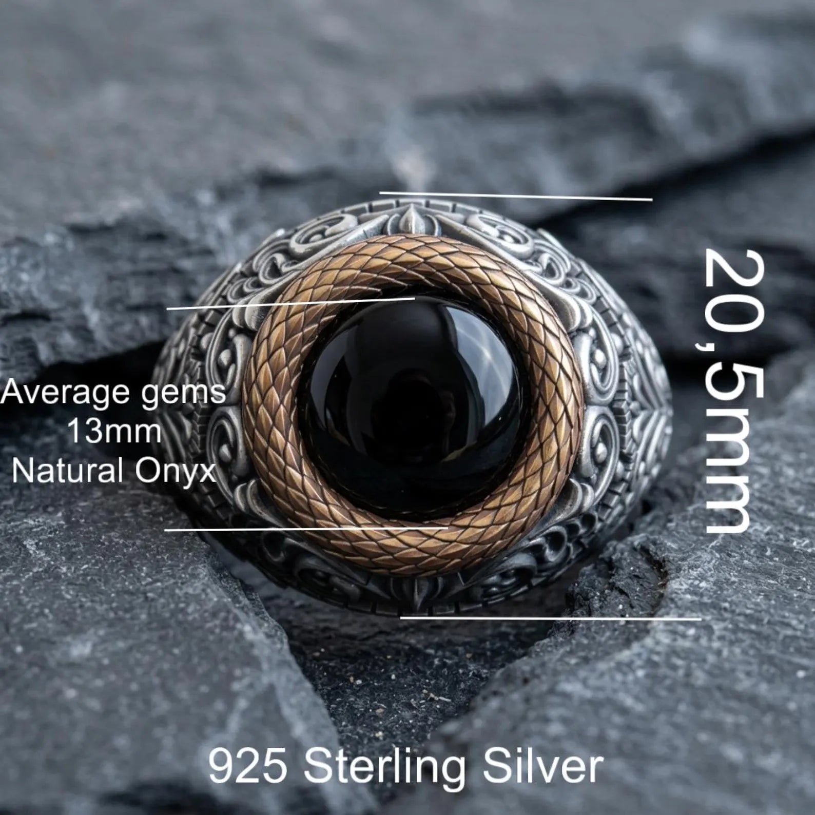 Vintage inspired sterling silver men's ring with genuine black onyx gemstone, detailed Victorian engraving, and handcrafted artisan craftsmanship.