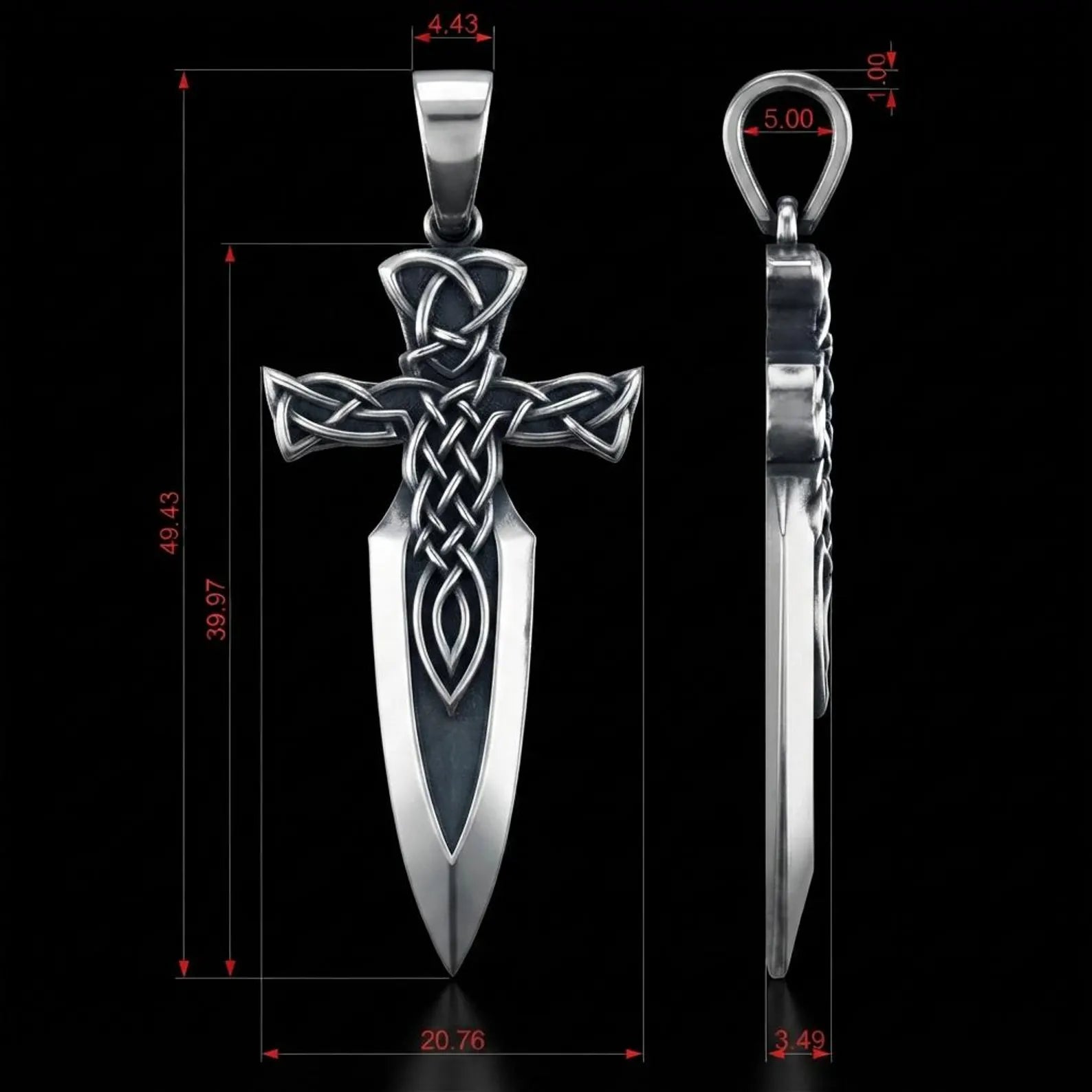 Handcrafted Celtic Cross Sword necklace made from solid sterling silver featuring intricate Irish Celtic knot patterns, medieval inspiration, and meaningful Christian symbolism for history and faith enthusiasts.