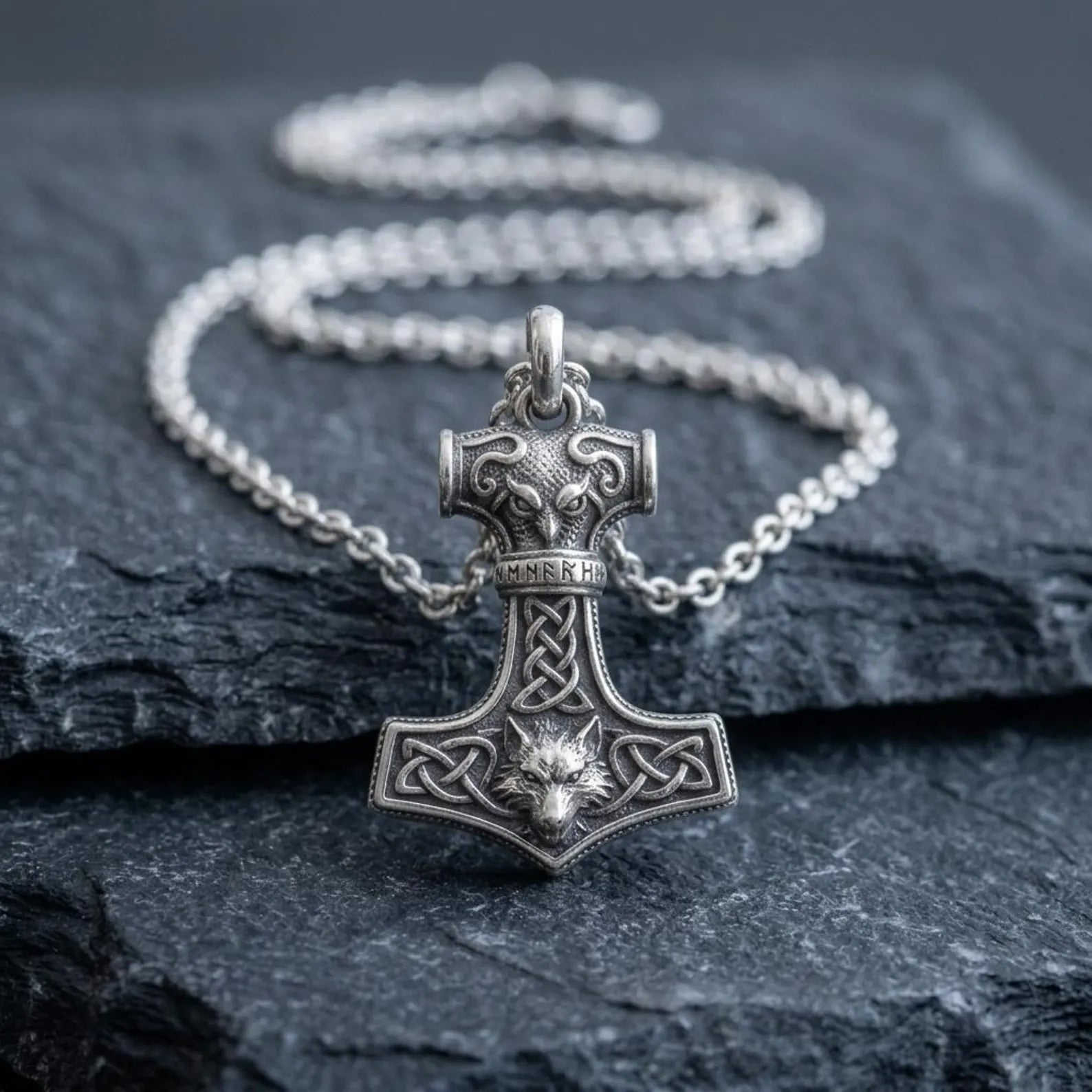 Handcrafted sterling silver Celtic Wolf Hammer pendant necklace featuring Thor's Mjolnir with intricate Celtic knotwork and a detailed wolf head, inspired by Viking mythology and Norse warrior traditions.