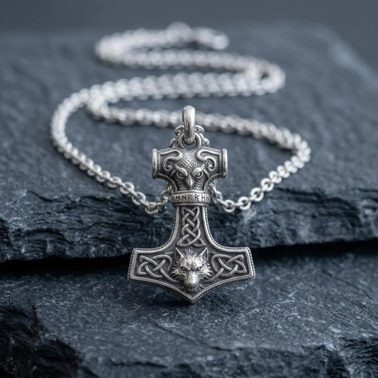 Handcrafted sterling silver Celtic Wolf Hammer pendant necklace featuring Thor's Mjolnir with intricate Celtic knotwork and a detailed wolf head, inspired by Viking mythology and Norse warrior traditions.
