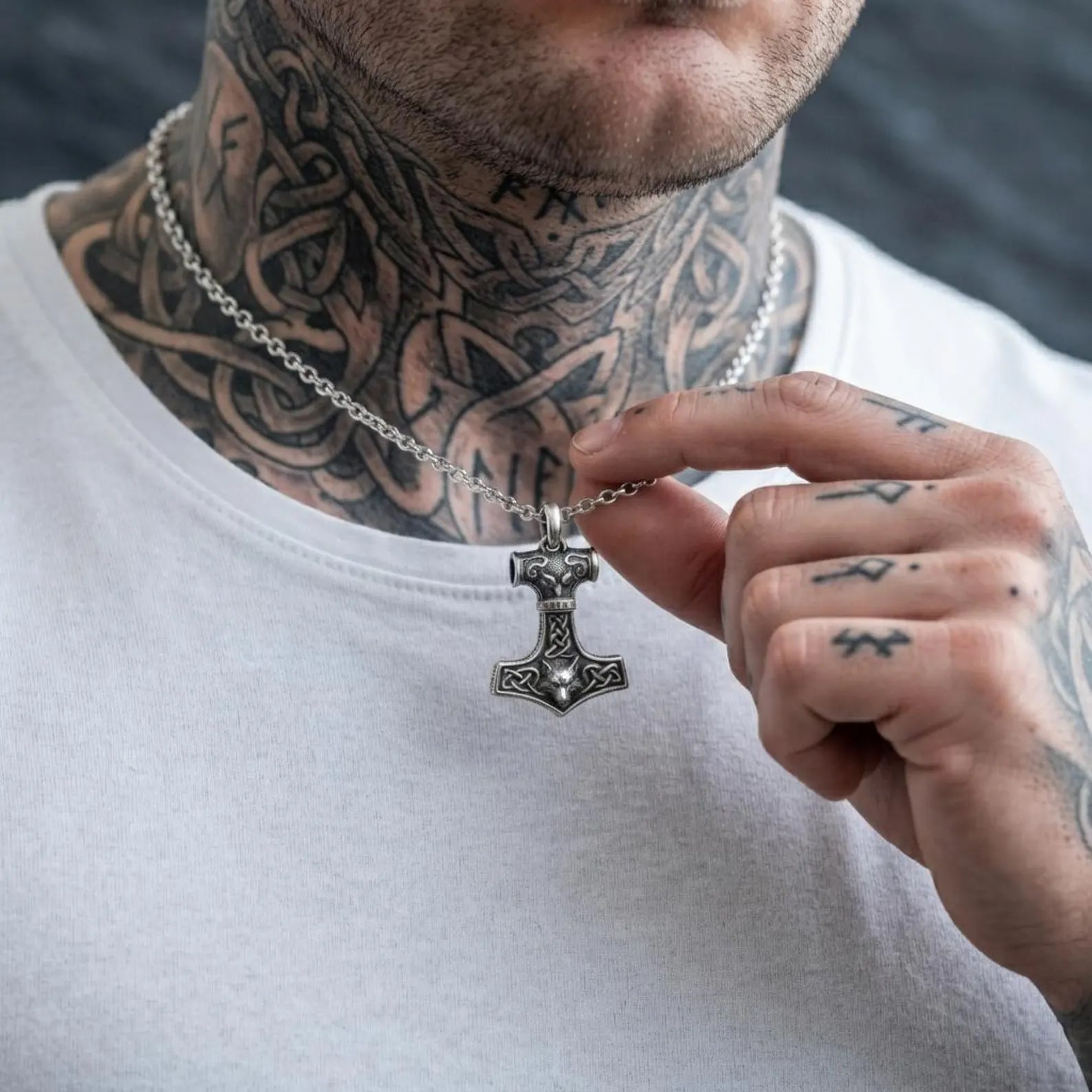 Solid 925 sterling silver Viking Mjolnir Wolf pendant necklace with beautifully engraved Celtic knot patterns, combining Norse mythology, medieval craftsmanship, and timeless masculine style.