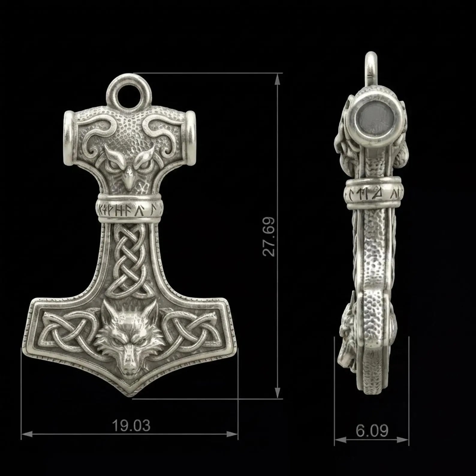 Premium sterling silver Thor Hammer necklace with intricate Celtic patterns and a fierce wolf relief, inspired by ancient Norse legends and handcrafted with exceptional artisan craftsmanship.
