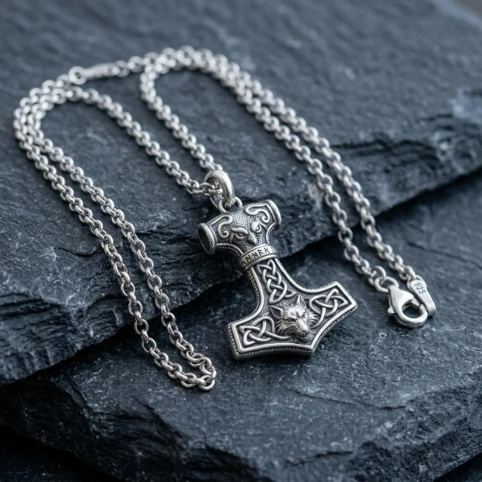 Bold sterling silver Viking Mjolnir Wolf pendant necklace showcasing detailed Celtic knot designs, oxidized finishes, and a symbolic warrior aesthetic for everyday wear or gifting.