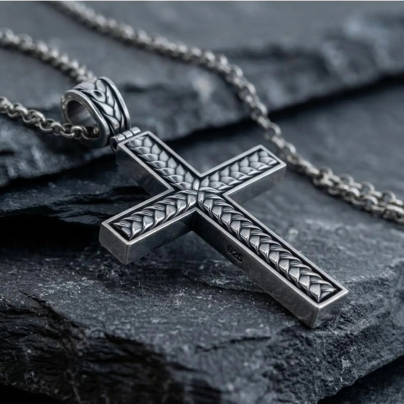 Solid 925 sterling silver woven cross pendant necklace featuring intricate braided textures and a classic Christian design, handcrafted for believers seeking meaningful religious jewelry.