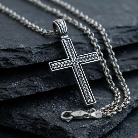 Handcrafted 925 sterling silver braided cross pendant necklace featuring an elegant woven Christian cross design, symbolizing faith, hope, unity, and spiritual strength for everyday wear.