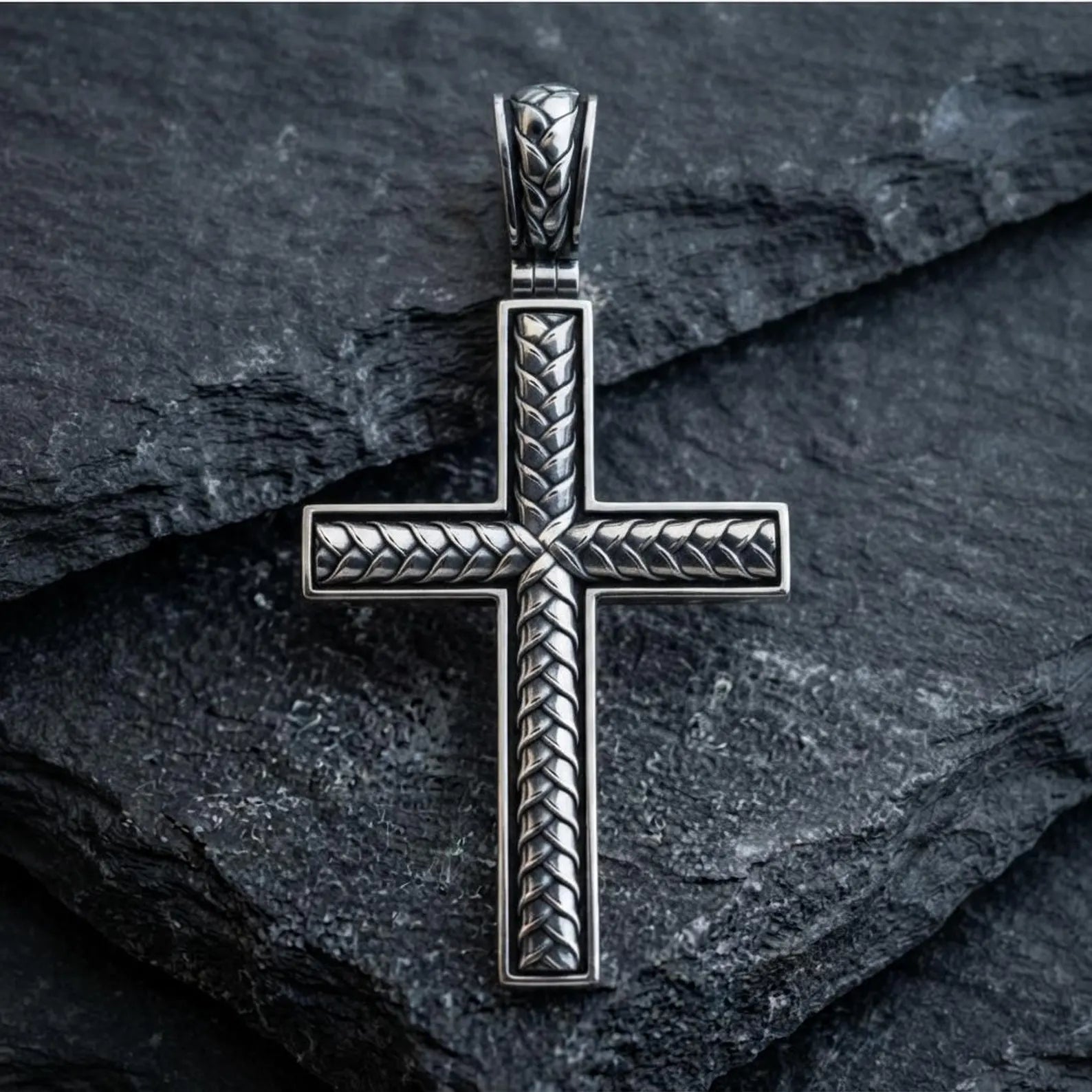 925 sterling silver religious cross pendant necklace featuring a beautifully braided design, handcrafted to represent eternal faith, God's love, protection, and enduring Christian devotion.