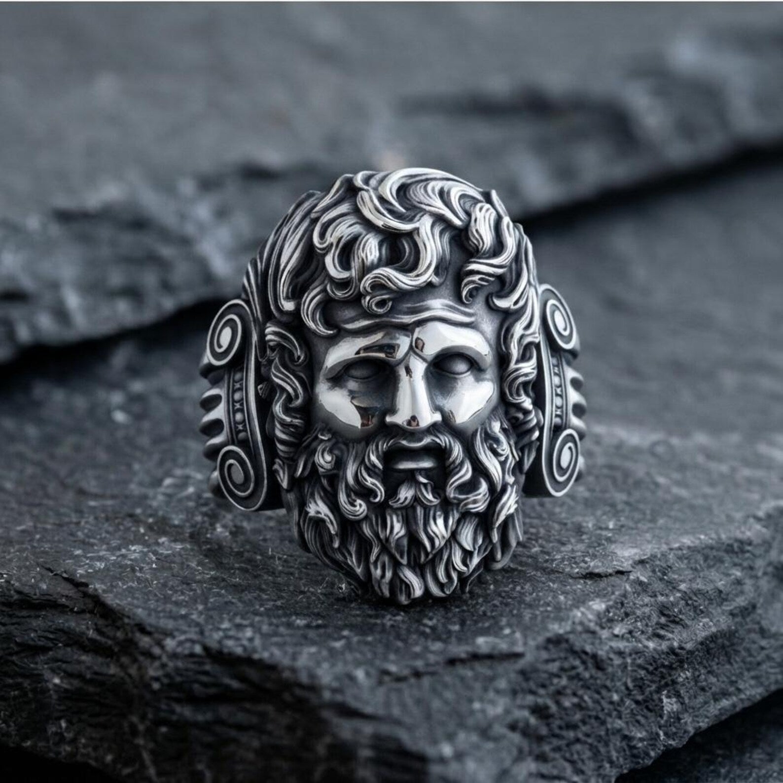 Men's chunky Zeus ring in solid 925 sterling silver featuring an intricately sculpted Greek god portrait, handcrafted as a timeless mythology-inspired statement accessory.