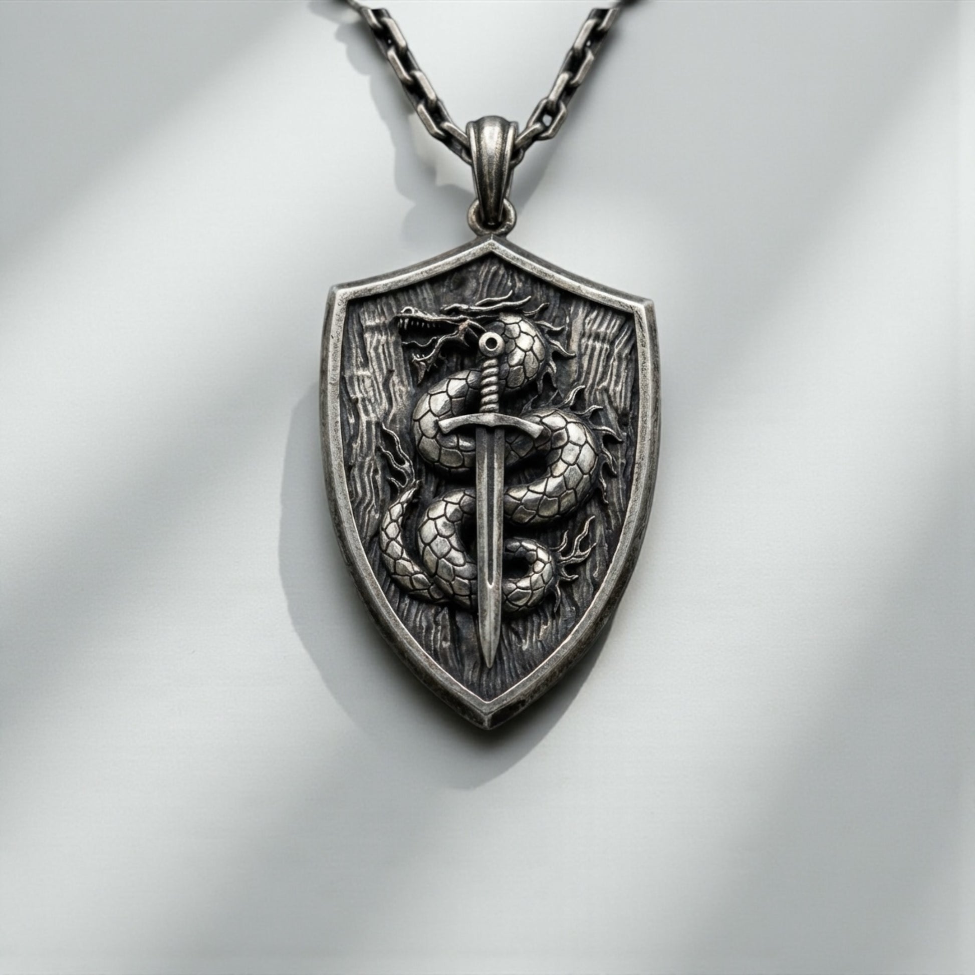 Handcrafted medieval dragon knight pendant necklace for men made from solid sterling silver bold masculine gothic warrior jewelry statement piece