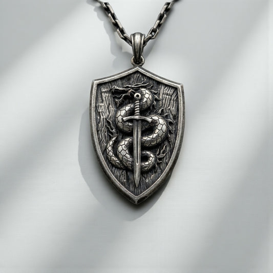 Handcrafted medieval dragon knight pendant necklace for men made from solid sterling silver bold masculine gothic warrior jewelry statement piece