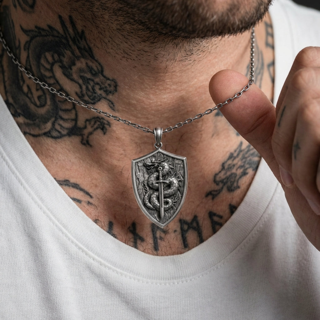 Vintage style medieval dragon necklace for men featuring detailed knight sword design solid silver statement jewelry piece
