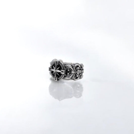 Silver North Star Ring - Handcrafted Nautical Compass Jewelry