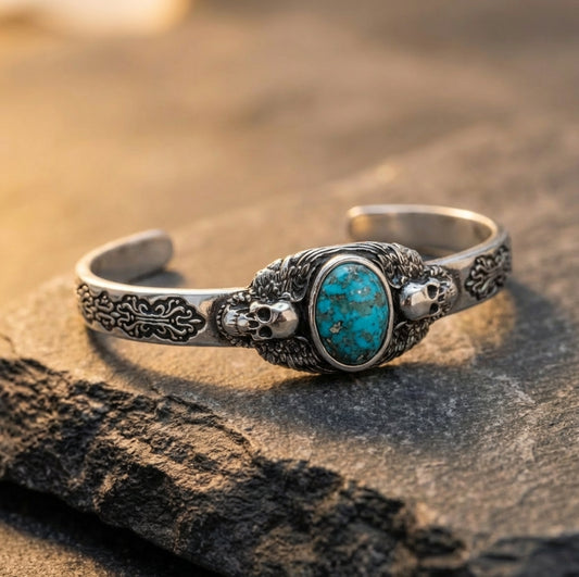 Elevate your style with this men’s turquoise stone silver bracelet featuring an intricate skull motif that captures the dark allure of gothic jewelry. Handcrafted with precision and inspired by rugged biker style and Western vibes, this bold statement piece combines masculine elegance with spiritual energy, making it an ideal accessory for those who appreciate alternative fashion and meaningful jewelry